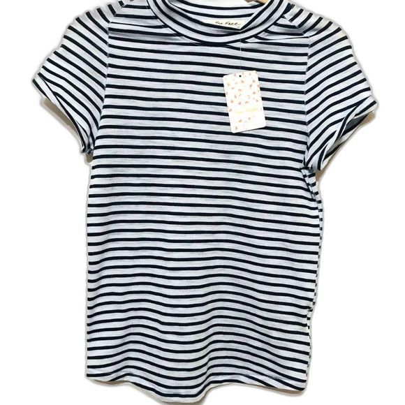 Free People blue top  Night Sky Stripe Knit Mock neck short sleeve tee size XS - Picture 1 of 8